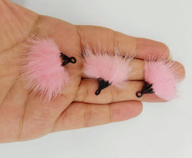Pink Artificial Feather Fur Tassel With Brass Cap in Antique Gold Colour, Tassel Charms x 2